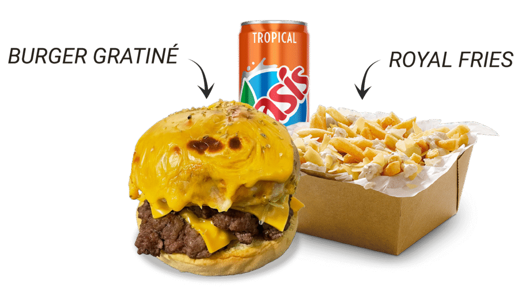 Offre royale burger gratiné frites royale cheddar viande poulet boissons fast food restaurant annecy