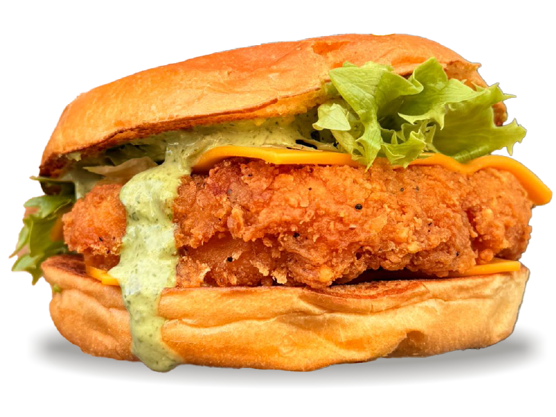 Bun, Poulet Pané, Cheddar, Roquette, Confit d’Oignon, Sauce Verte fast food restaurant annecy