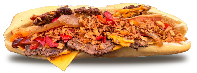 Pain Brioché, Steak, Cheddar, Bacon, Salade, Poivrons Grillés, Confit d’Oignon, Oignons Frits, Sauce Barbecue