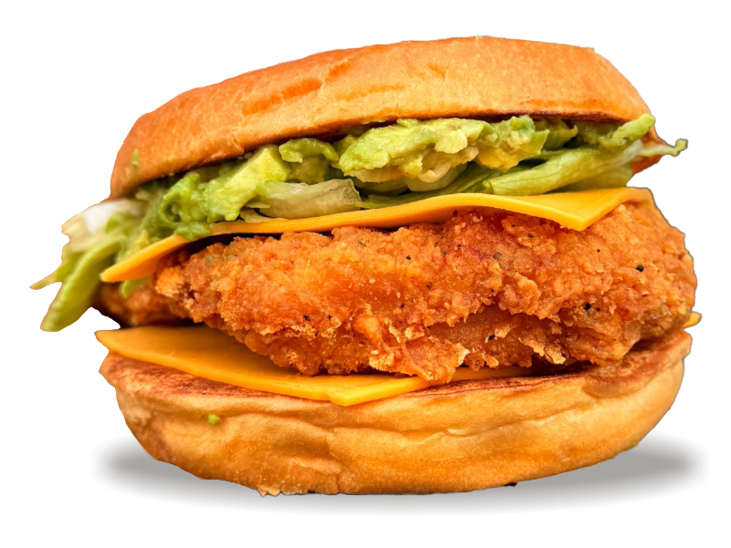 Bun, Poulet Pané, Cheddar, Salade, Confit d’Oignon, Avocat, Sauce Mayonnaise fast food restaurant annecy