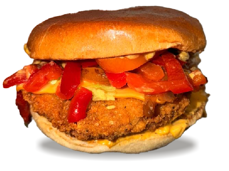 Bun, Poulet Pané, Cheddar, Salade, Poivrons Grillés, Confit d’Oignon, Sauce Curry Mango fast food restaurant annecy