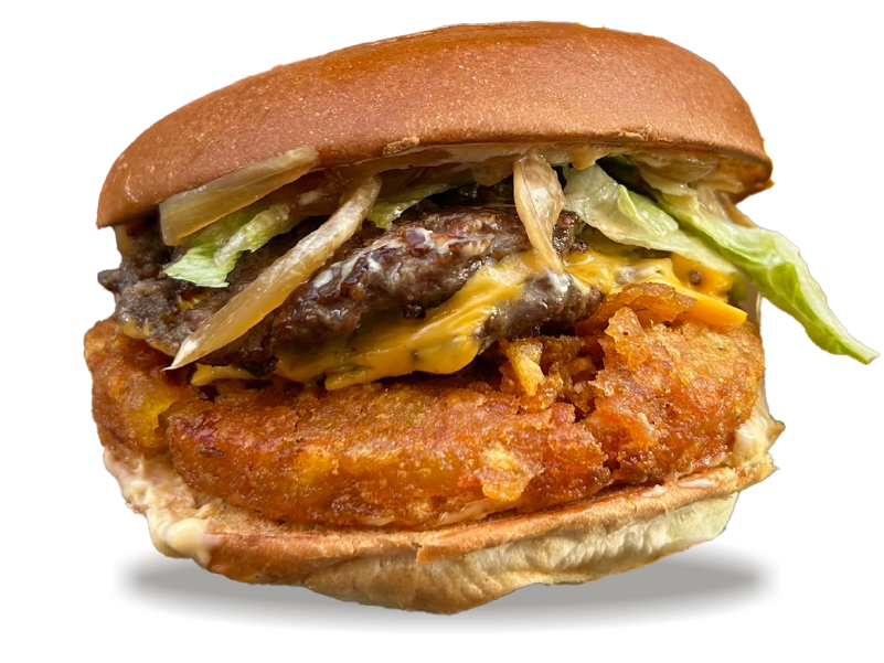 Bun, Steak, Galette de Pomme de Terre, Salade, Cheddar, Confit d’Oignon, Cornichons, Sauce Burger fast food restaurant annecy