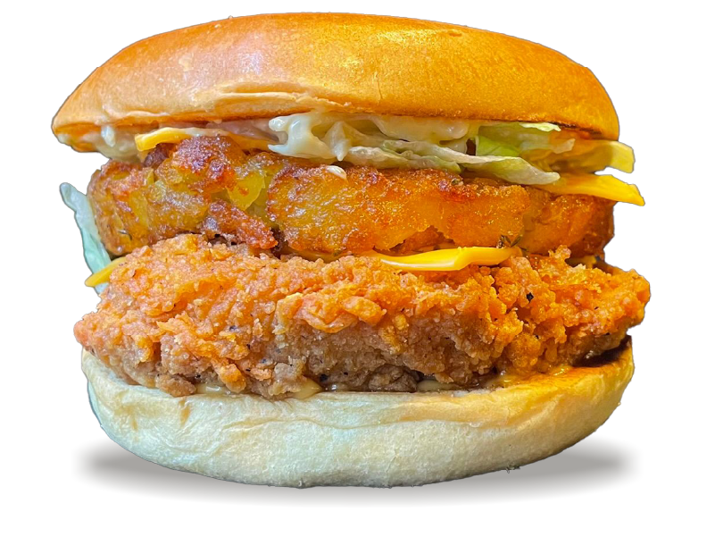 Bun, Poulet Pané, Galette de Pomme de Terre, Salade, Cheddar, Confit d’Oignon, Cornichons, Sauce Burger fast food restaurant annecy