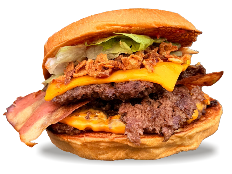 Bun, Steak, Salade, Cheddar, Confit d’Oignon, Cornichons, Bacon, Oignons Frits, Sauce Barbecue fast food restaurant annecy