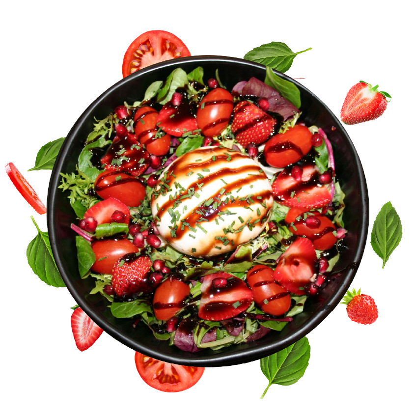 Salade, Crème Balsamique, Tomates Cerises, Burrata, Grenade, Fraises ou Nectarines fast foos restaurant annecy