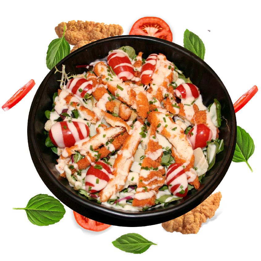 Salade, Tenders, Copeaux de Parmesan, Croûton, Tomates Cerises, Sauce César fast foos restaurant annecy