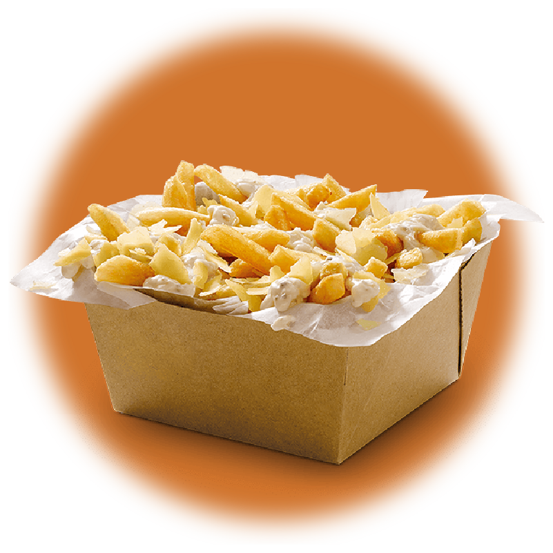 Frites maison sauce cheddar viande chicken poulet oignons frits